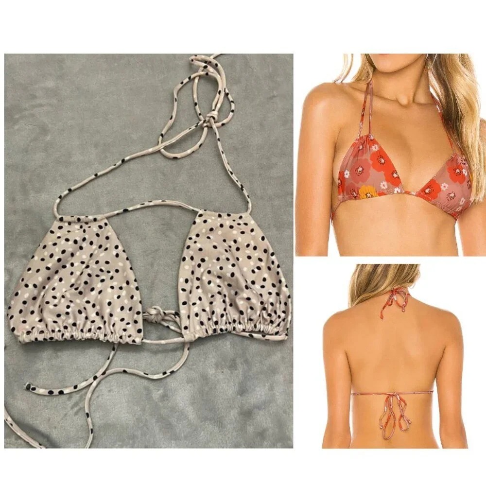 New! Stone Fox Swim Tunnels Tan/Black/White Dot Bikini Top 21551